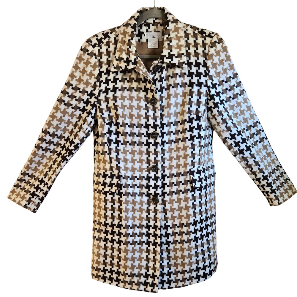 Worthington Womens Chic Brown Houndstooth Button Front Car Coat Jacket Size 12